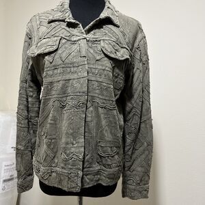 CHICOS Army Green Embellished Embroidered Blazer Jacket Grunge Raw Edges Sz 0 S